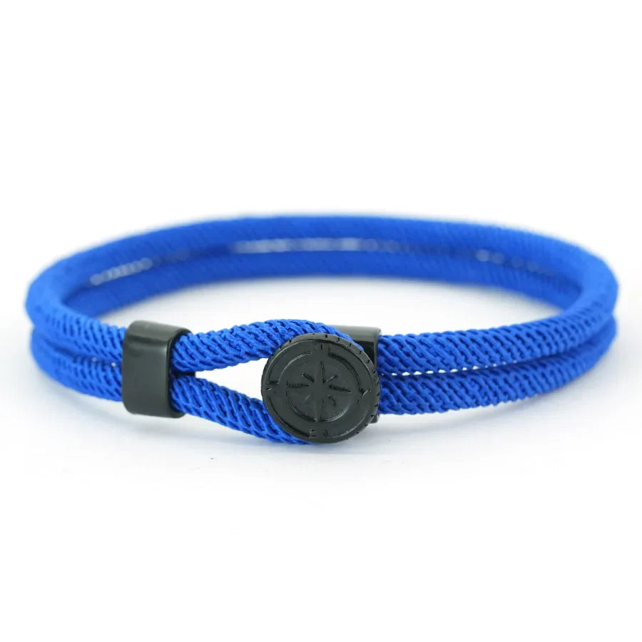 Rope Bracelet with Black Compass Rose of the Winds royal blue