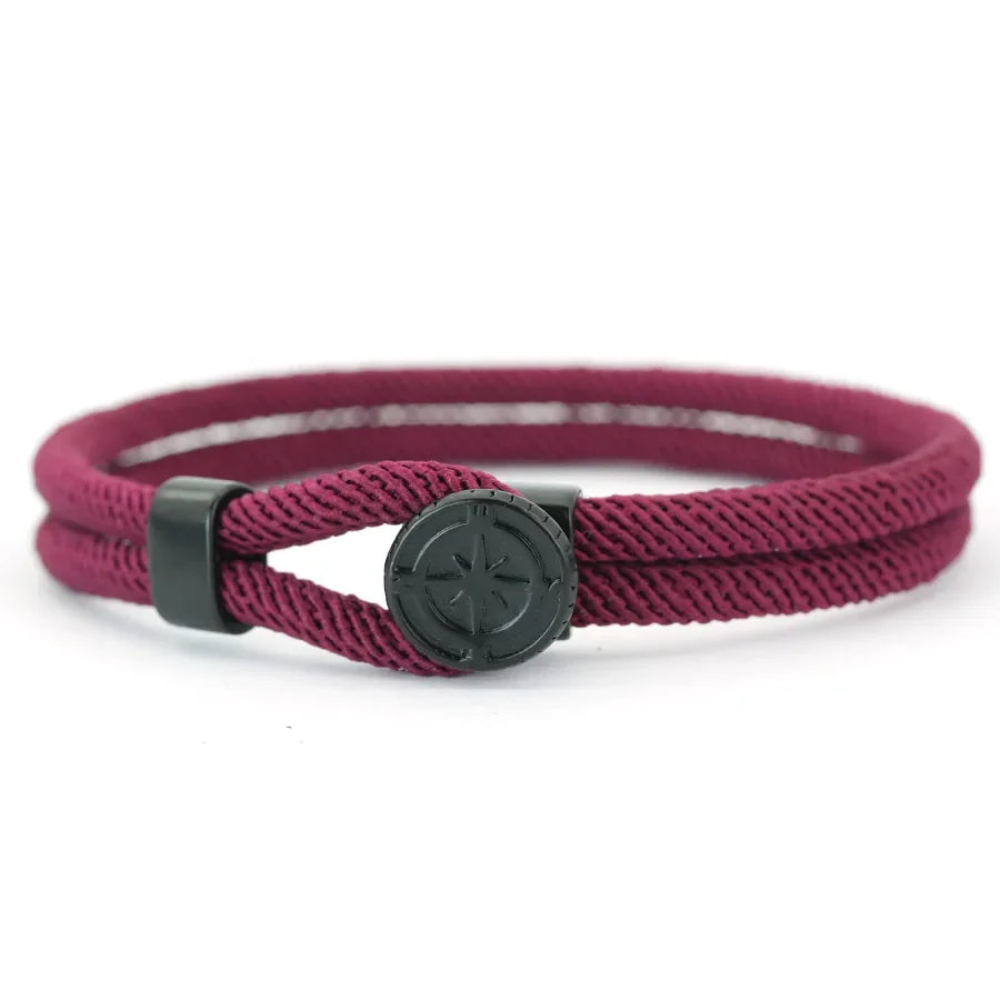 Rope Bracelet with Black Compass Rose of the Winds burgundy