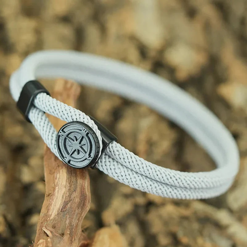 Rope Bracelet with Black Compass Rose of the Winds grey