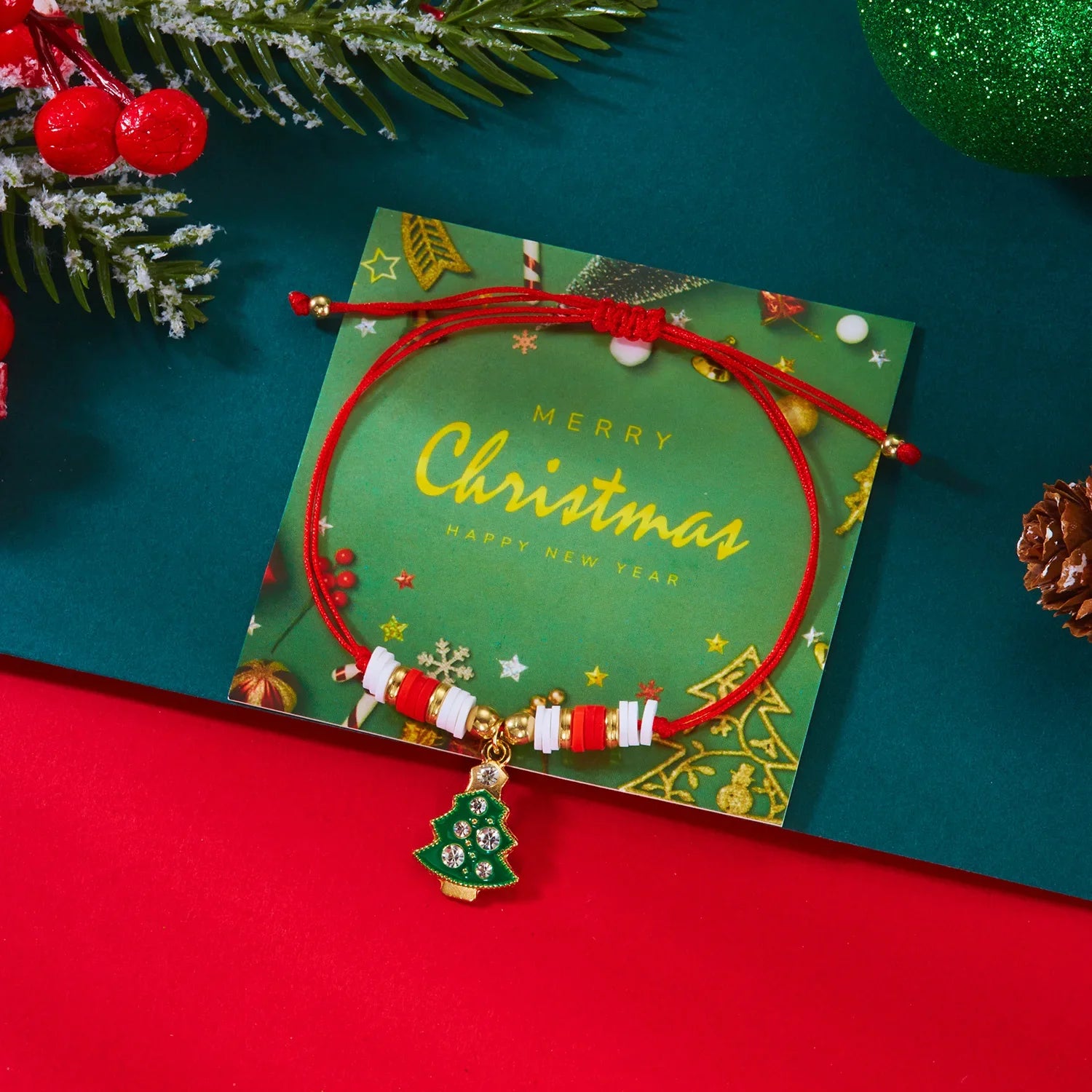 Cord Bracelet with Red Christmas Tree and Baubles Pendant