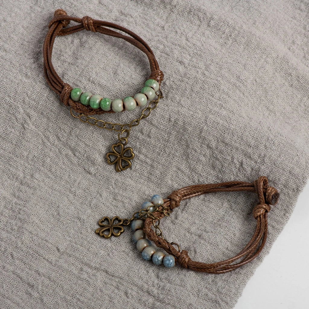 String Bracelet with Four-Leaf Clover and Green Beads