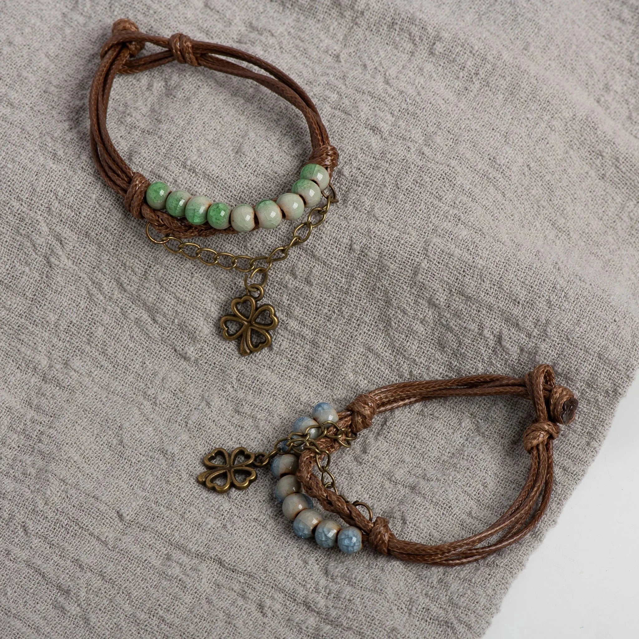 String Bracelet with Four-Leaf Clover and Green Beads
