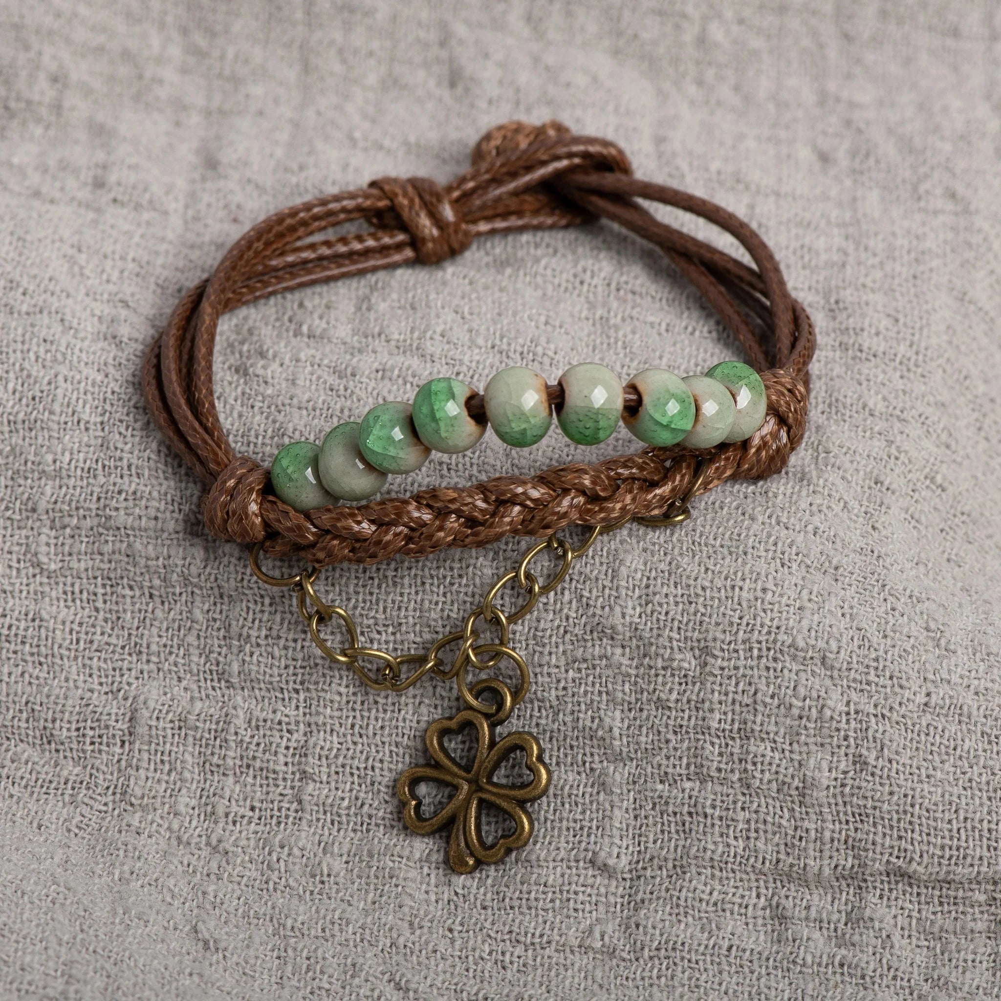 String Bracelet with Four-Leaf Clover and Green Beads