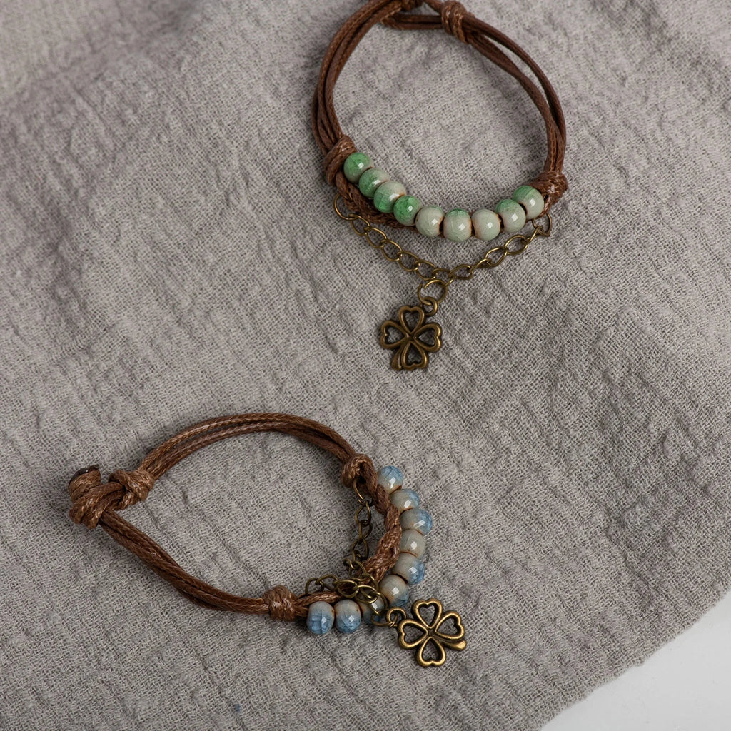 String Bracelet with Four-Leaf Clover and Green Beads