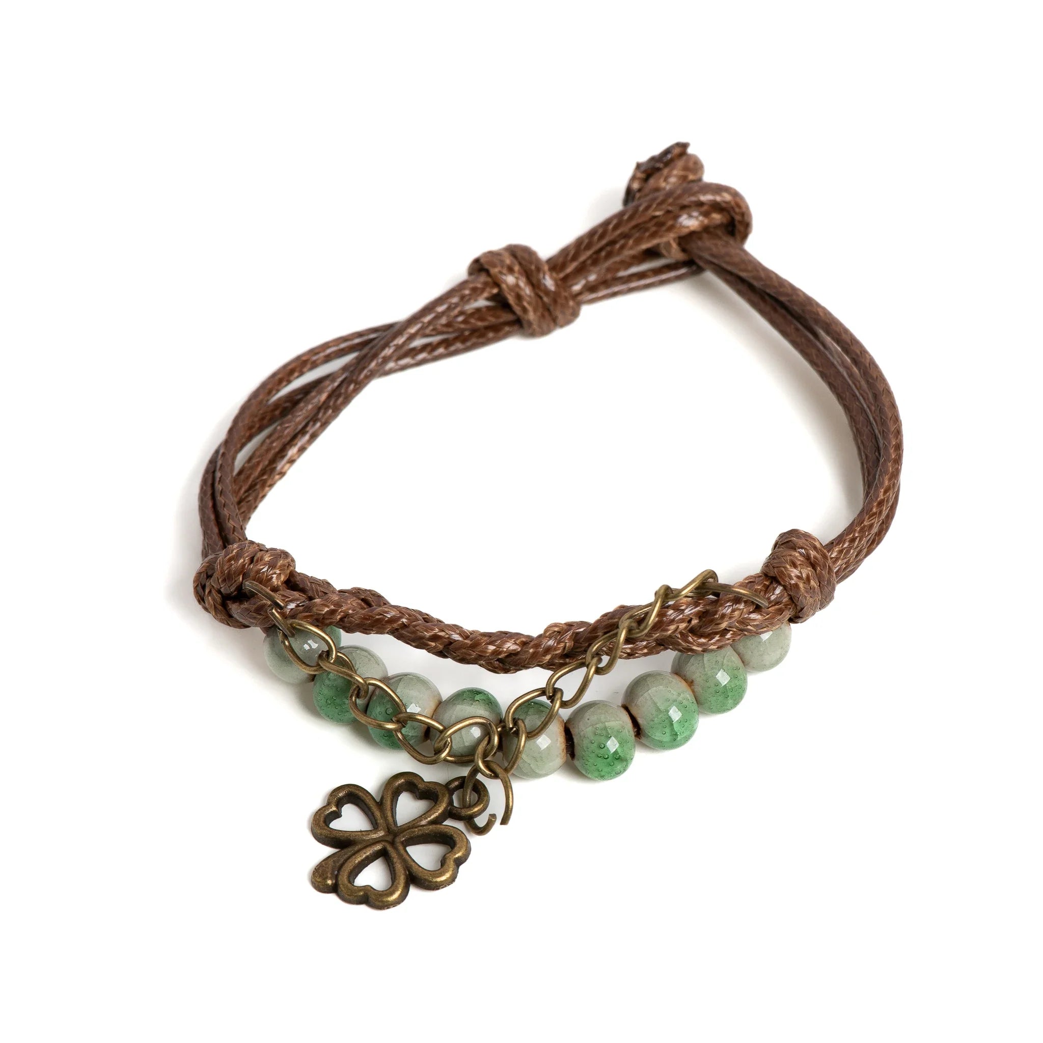 String Bracelet with Four-Leaf Clover and Green Beads