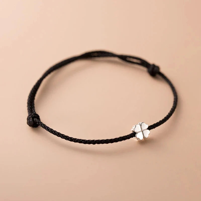 Bracelet Cord with White and Black Four-Leaf Clover