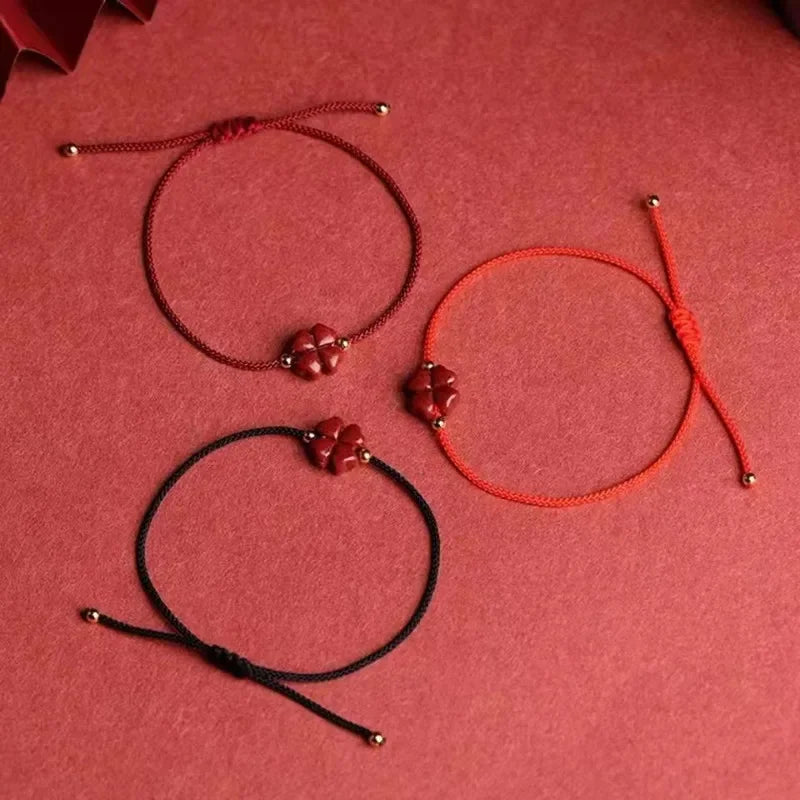 4-Leaf Clover Cord Bracelet with Dark Red Cinnabar Stone