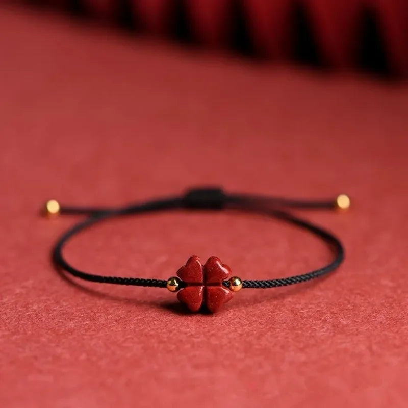 4-Leaf Clover Cord Bracelet with Black Cinnabar Stone