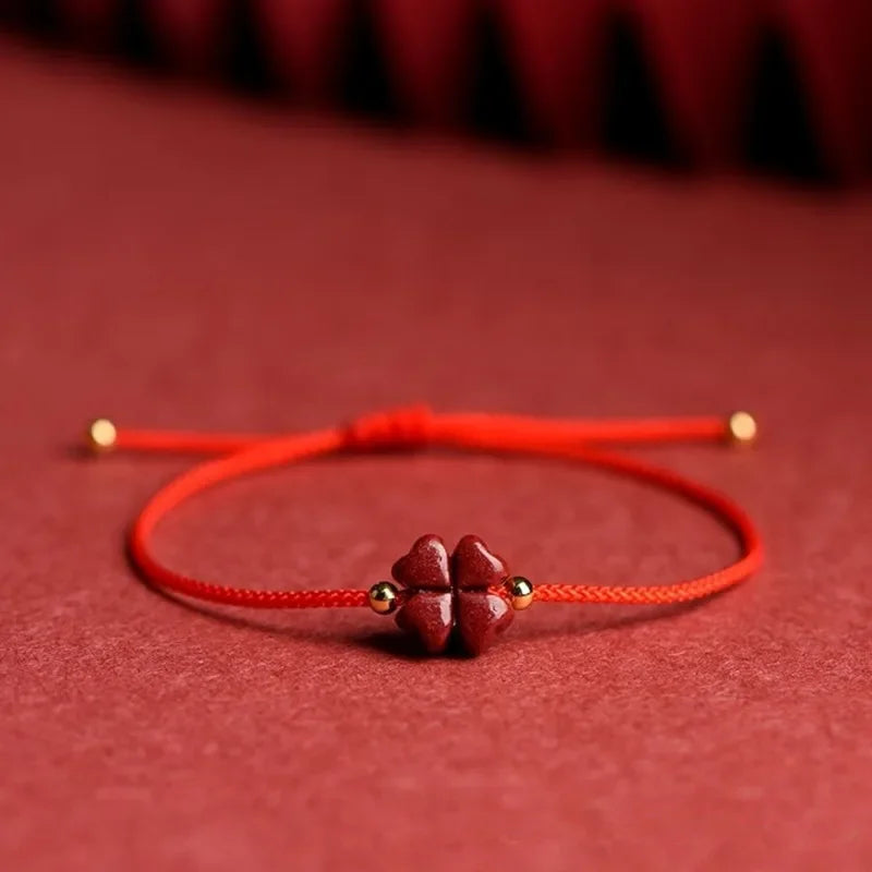 4-Leaf Clover Cord Bracelet with Red Cinnabar Stone