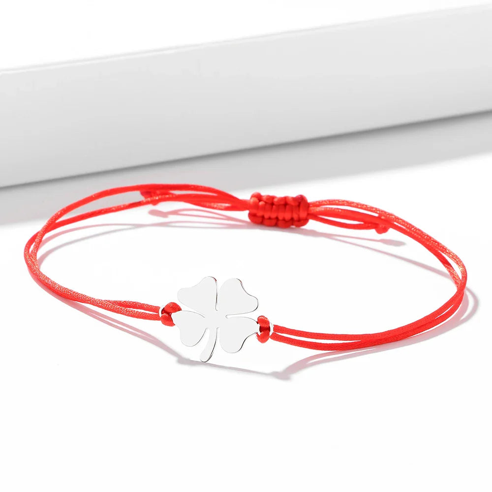 Lucky Four-Leaf Clover Rope Bracelet in Red and Silver