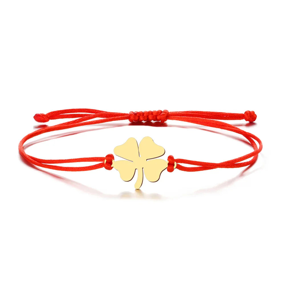 Lucky Four-Leaf Clover Rope Bracelet in Red and Gold