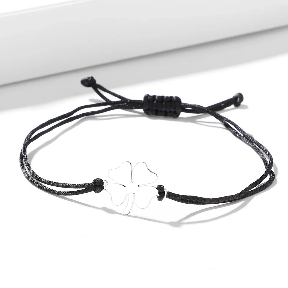 Lucky Four-Leaf Clover Rope Bracelet in Black and Silver