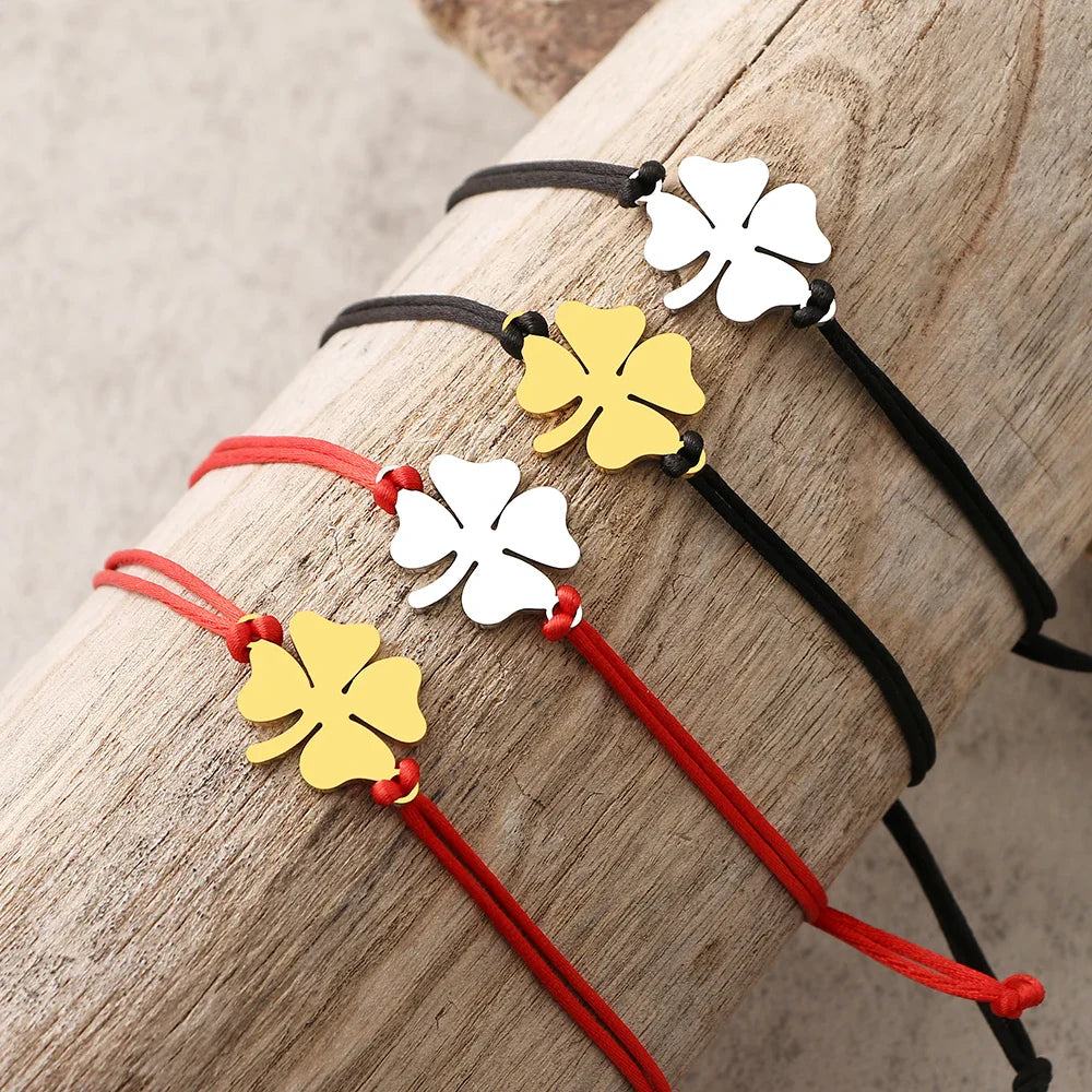 Lucky Four-Leaf Clover Rope Bracelet in Red and Gold