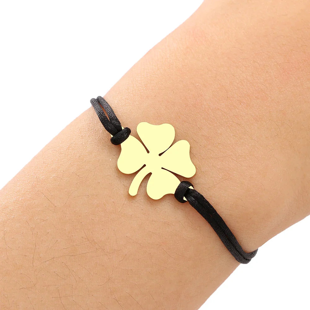 Lucky Four-Leaf Clover Rope Bracelet in Black and Gold