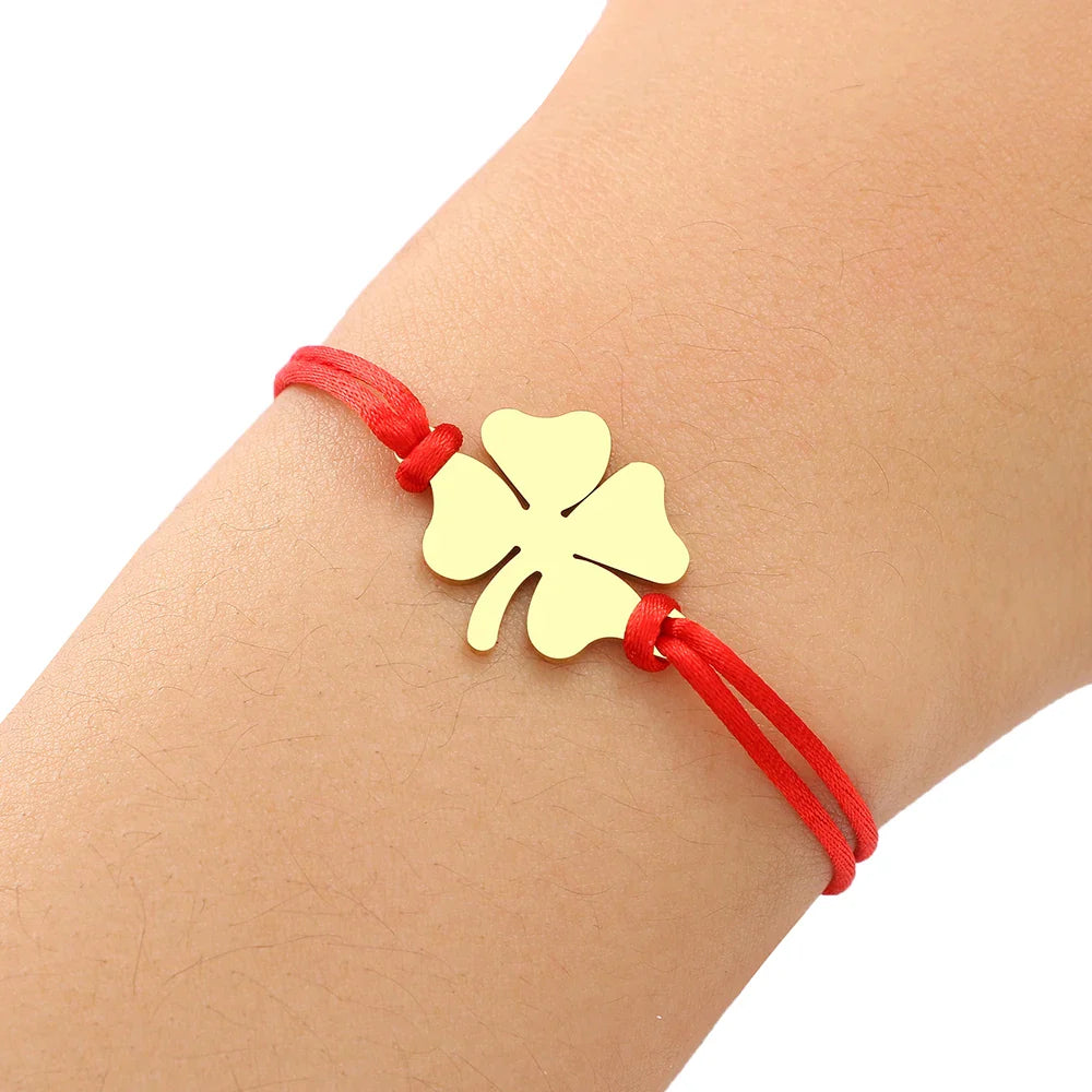 Lucky Four-Leaf Clover Rope Bracelet in Red and Gold