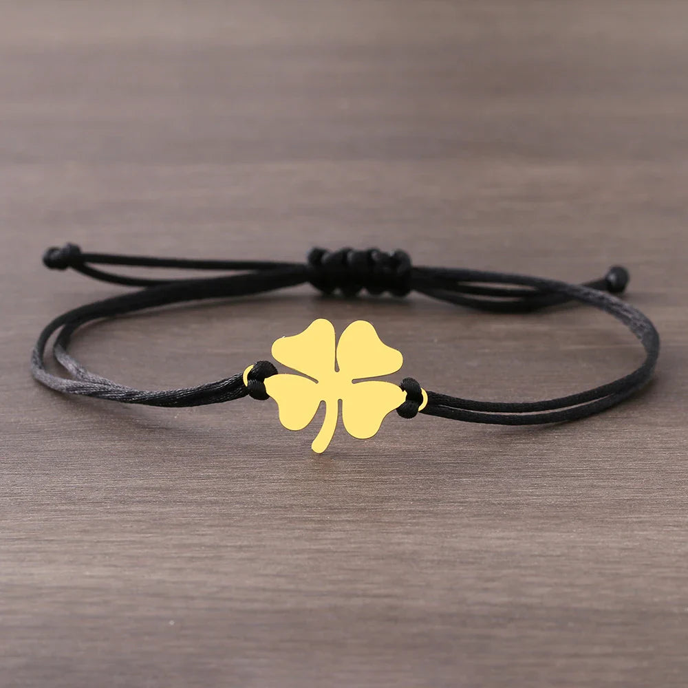 Lucky Four-Leaf Clover Rope Bracelet in Black and Gold