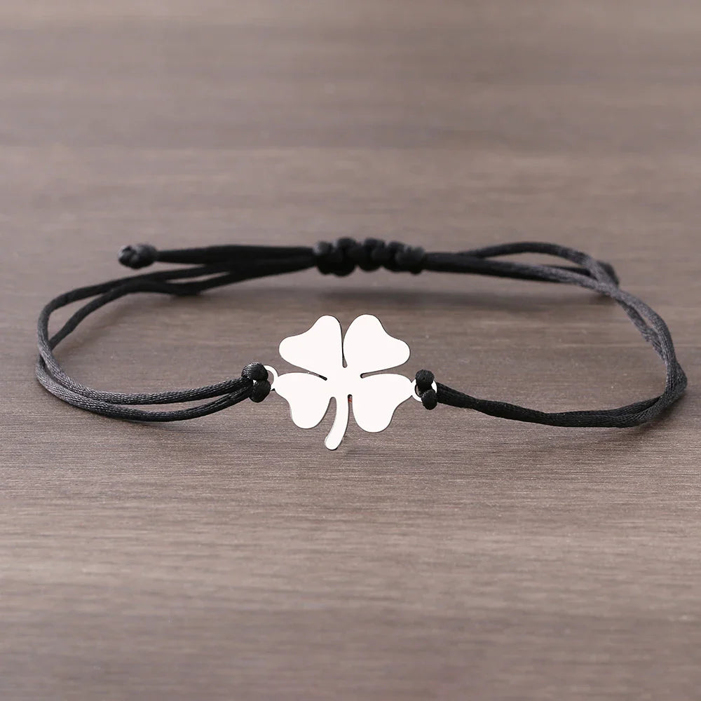 Lucky Four-Leaf Clover Rope Bracelet in Black and Silver