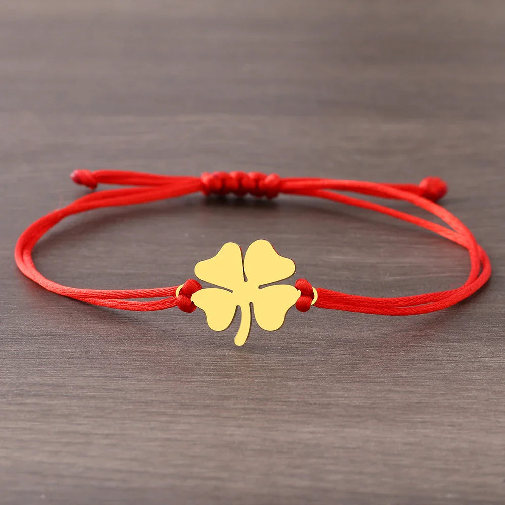 Lucky Four-Leaf Clover Rope Bracelet in Red and Gold