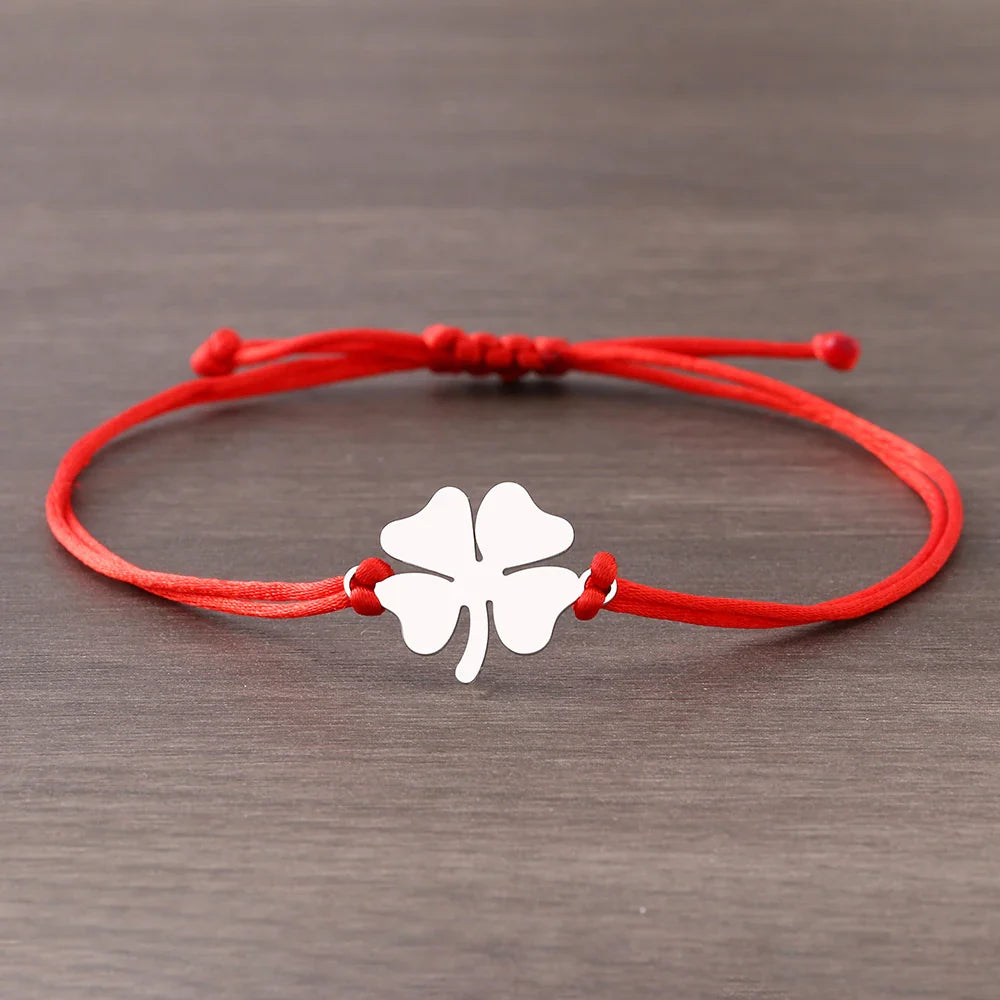 Lucky Four-Leaf Clover Rope Bracelet in Red and Silver