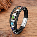 7 Chakras Leather Bracelet for Men Silver