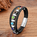 7 Chakras Leather Bracelet for Men Silver