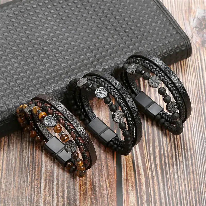 Leather Tree of Life Beaded Bracelet for Men