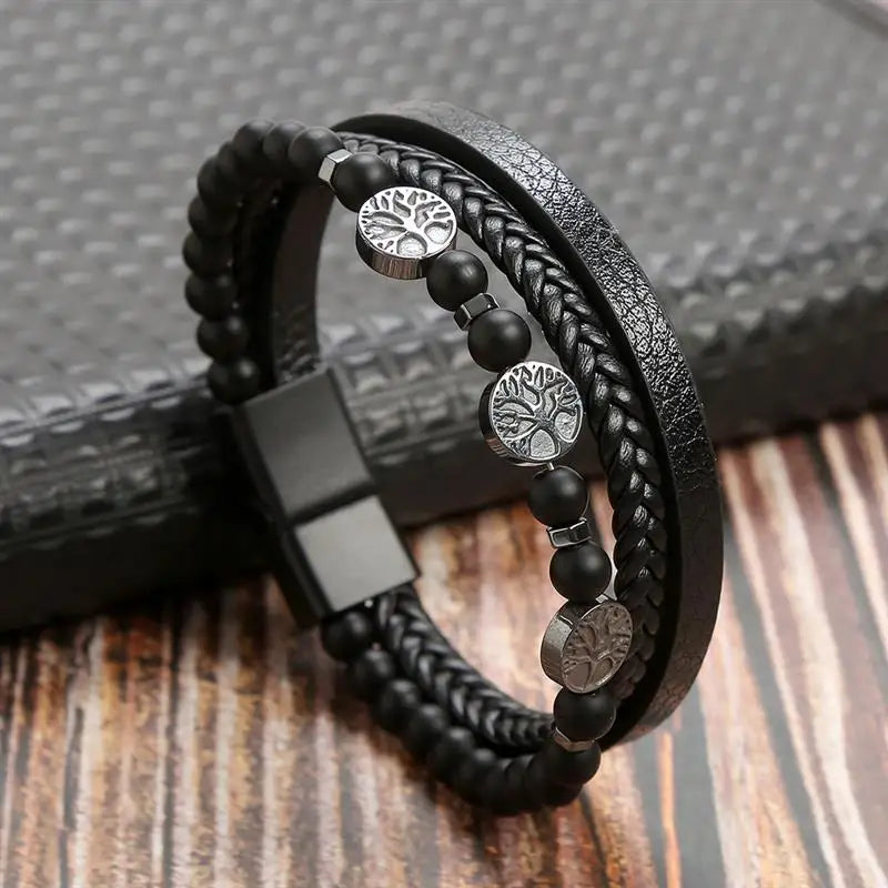 Leather Tree of Life Beaded Bracelet for Men style 2