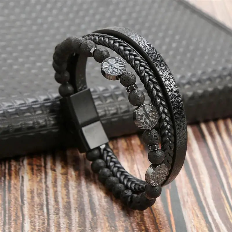 Leather Tree of Life Beaded Bracelet for Men