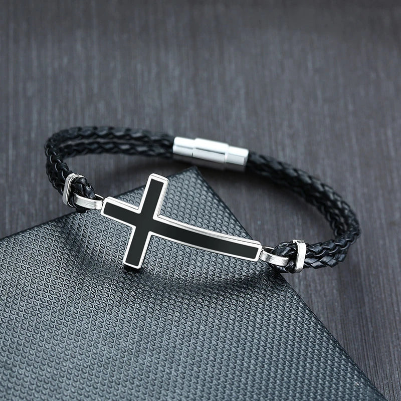 Leather Bracelet with Christian Cross