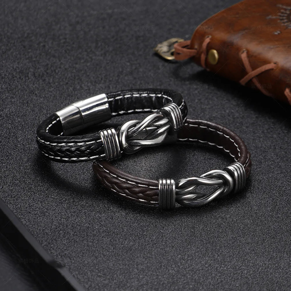 Black men's leather bracelet with knot