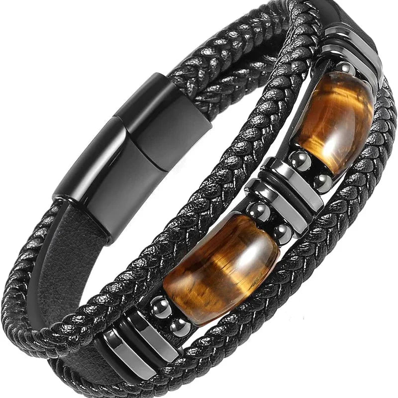 Leather and Tiger Eye Stone Bracelet