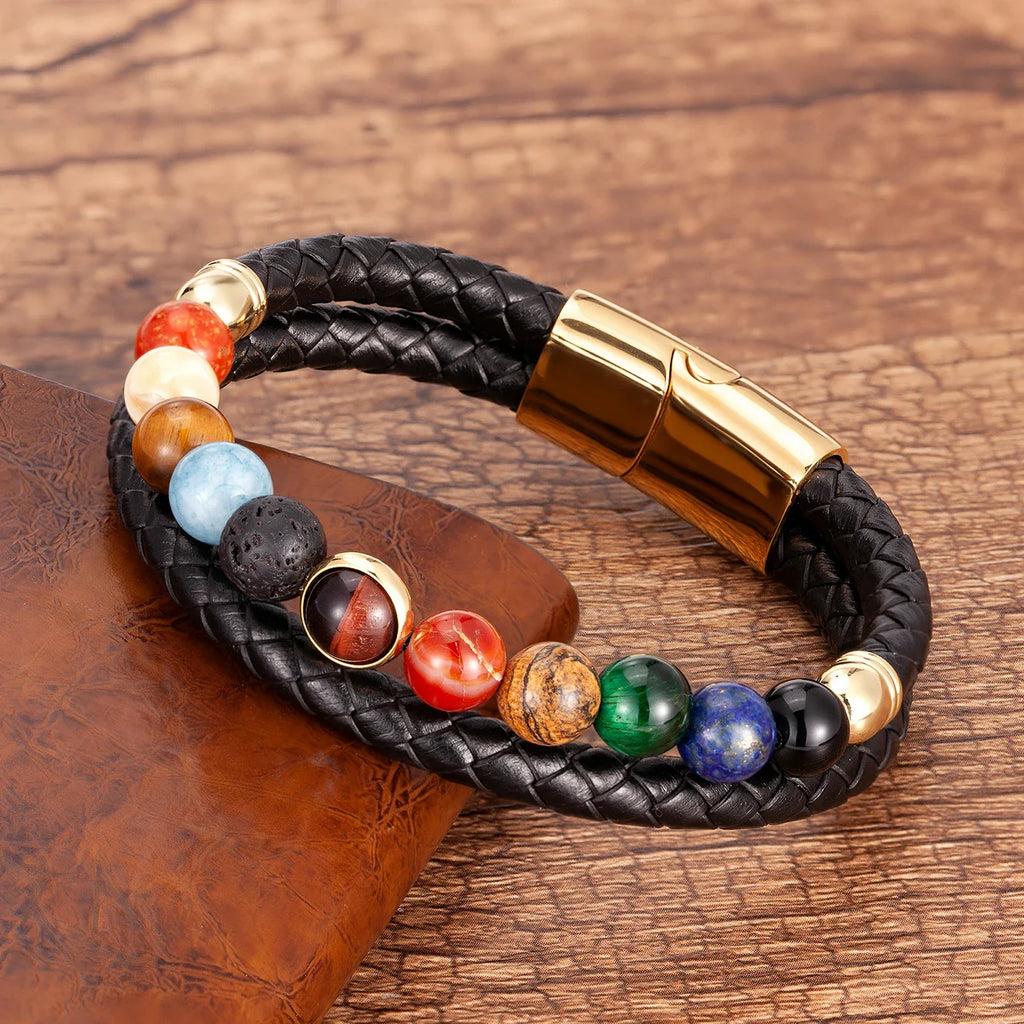 7 Chakras Stone Leather Bracelet for Men and Women gold style a