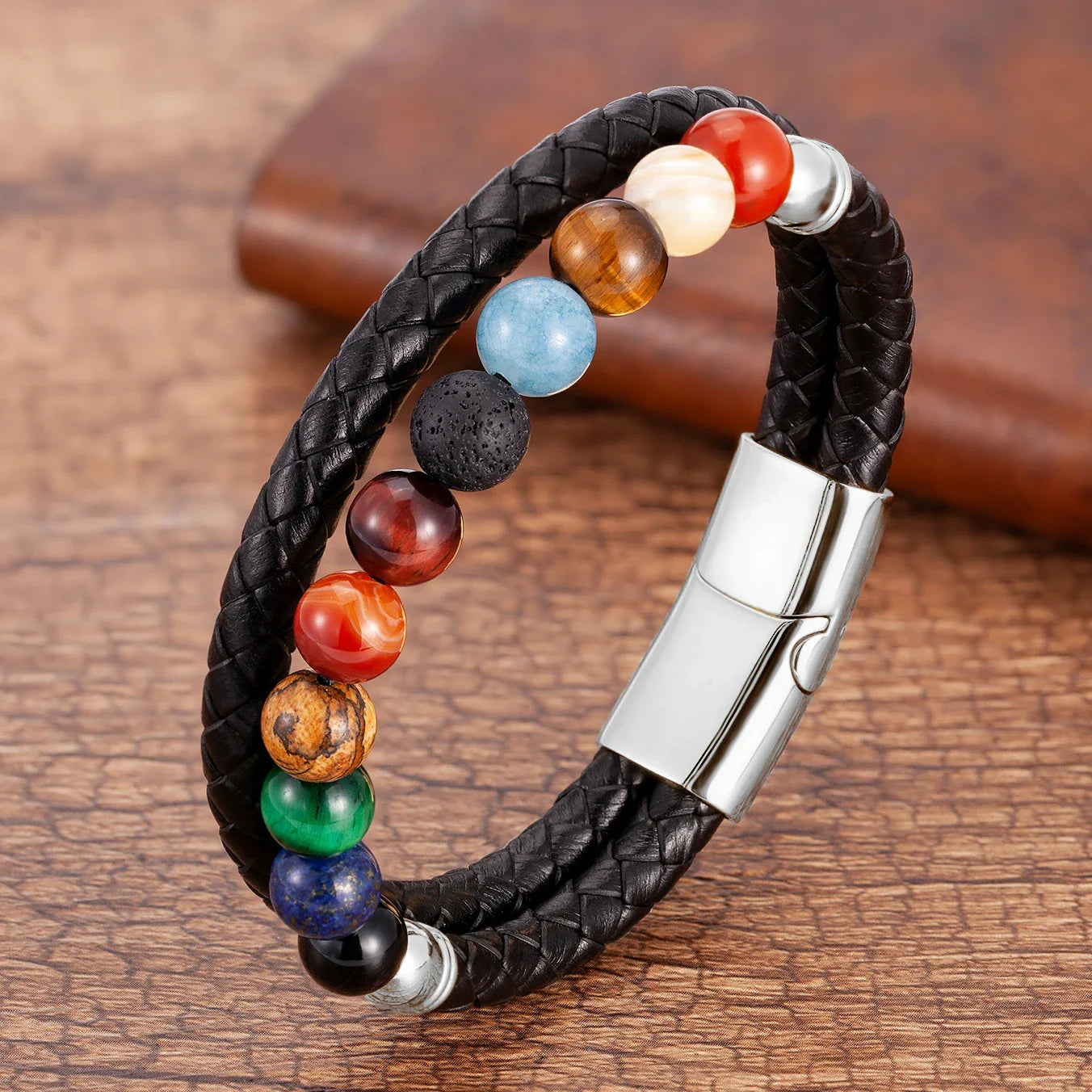 7 Chakras Stone Leather Bracelet for Men and Women silver style b