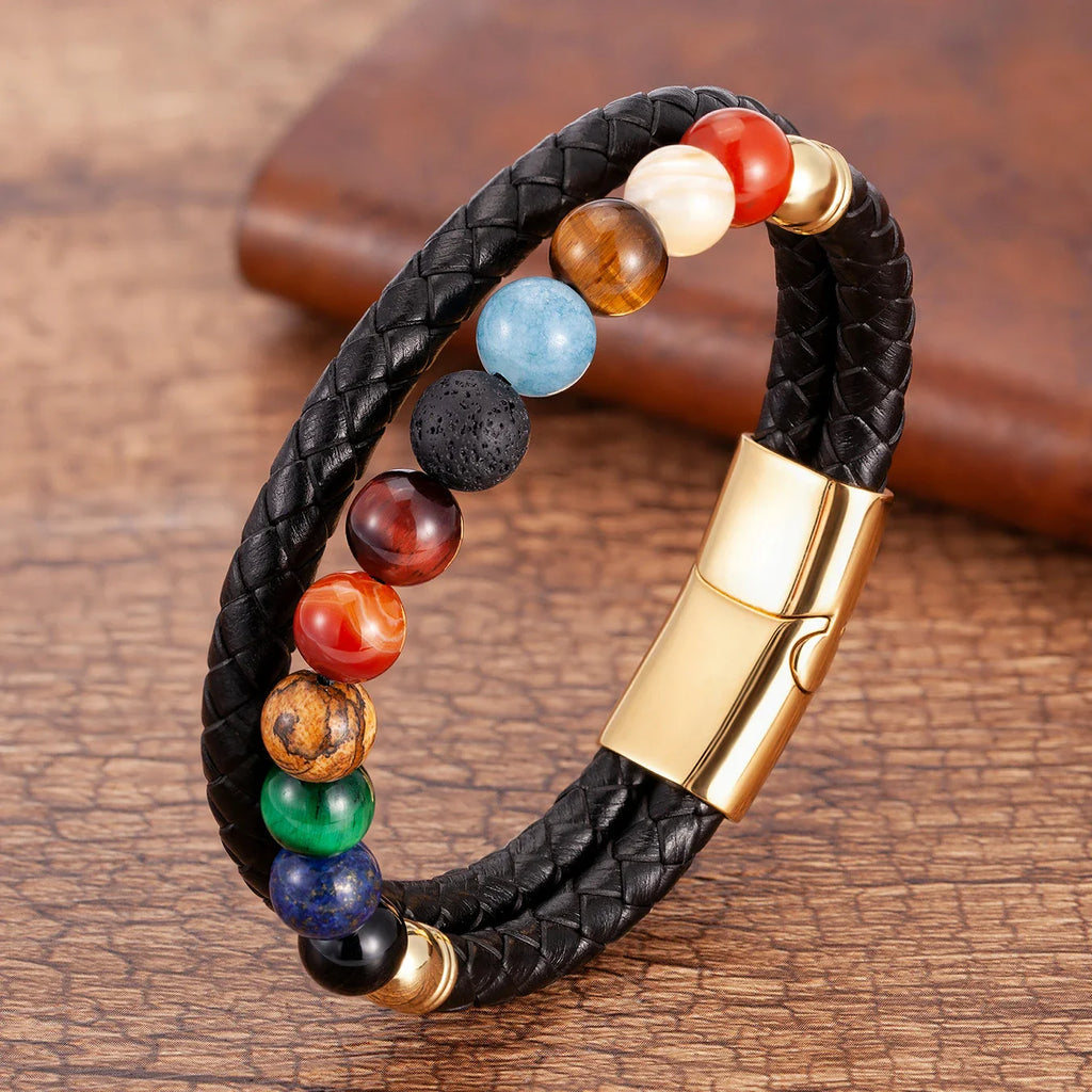 7 Chakras Stone Leather Bracelet for Men and Women gold style b