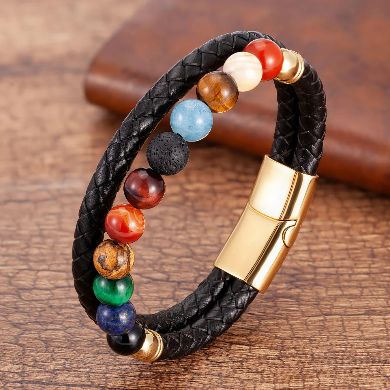 7 Chakras Stone Leather Bracelet for Men and Women gold style b