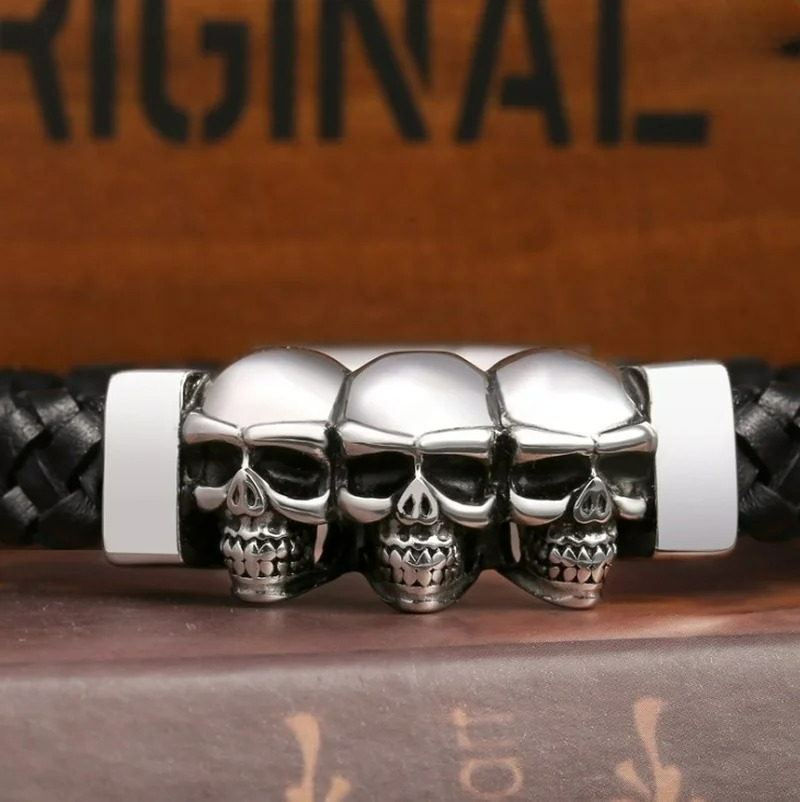 Leather Bracelet with Skull Heads