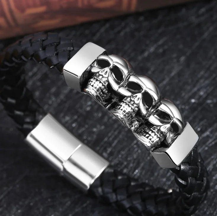 Leather Bracelet with Skull Heads