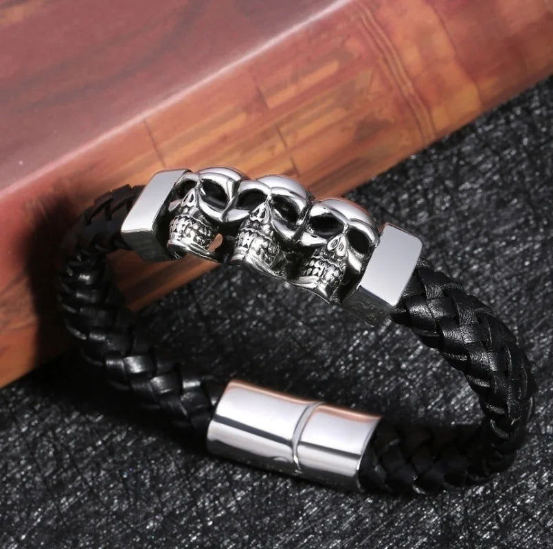 Leather Bracelet with Skull Heads