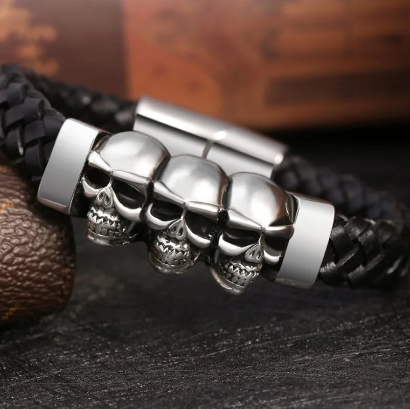 Leather Bracelet with Skull Heads