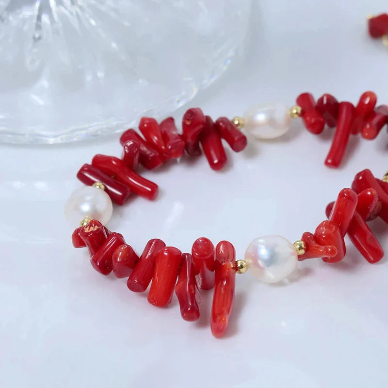 Coral Stone and Pearl Bracelet