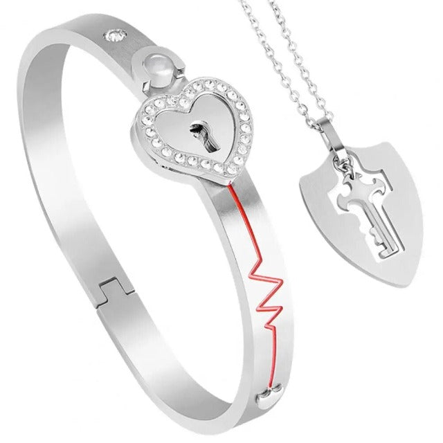 Heart Key Bracelet and Necklace Set for Couples silver