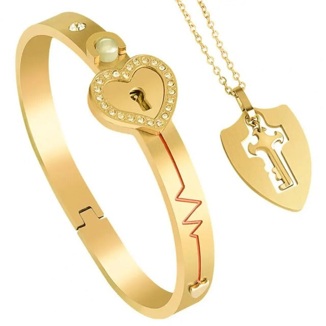 Heart Key Bracelet and Necklace Set for Couples gold