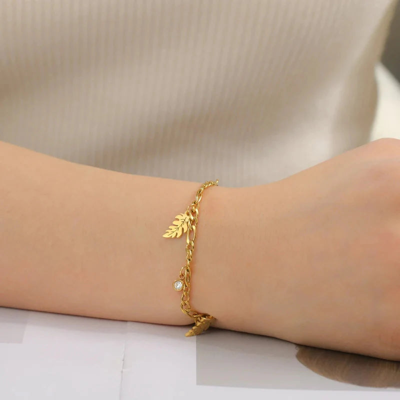 Palm Leaf and Zircon Bracelet Style A Gold