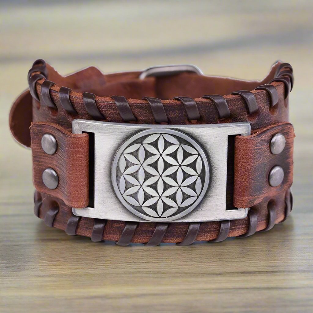 Men's Brown and Silver Leather Flower of Life Bracelet