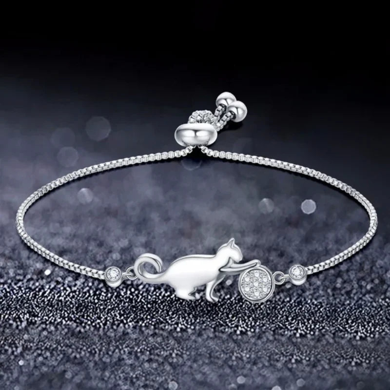 Cat Charm ID Bracelet in Silver Zircon
