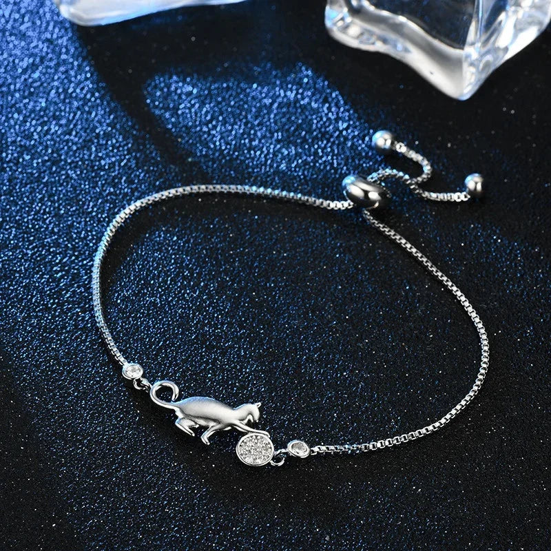 Cat Charm ID Bracelet in Silver Zircon