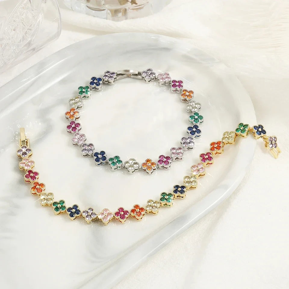 Colored Daisy Flowers Curb Bracelet silver