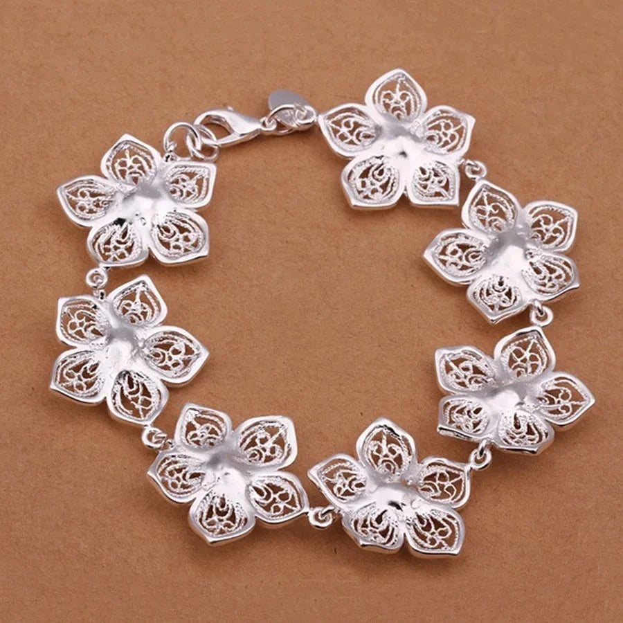 Silver Large Flower Curb Bracelet