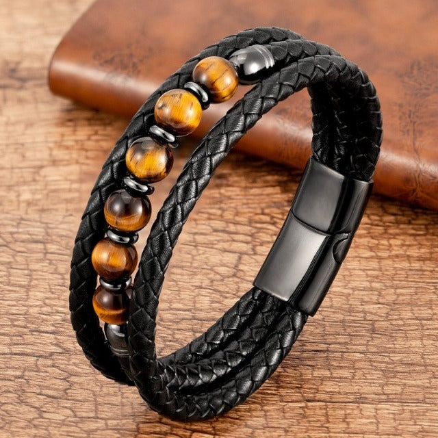 Tiger Eye Stone Leather ID Bracelet