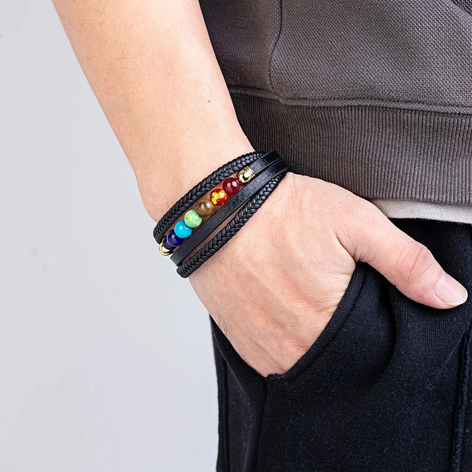 7 Chakras Leather Men's Bracelet